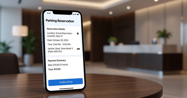Hotel mobile app showing parking reservation and payment screen