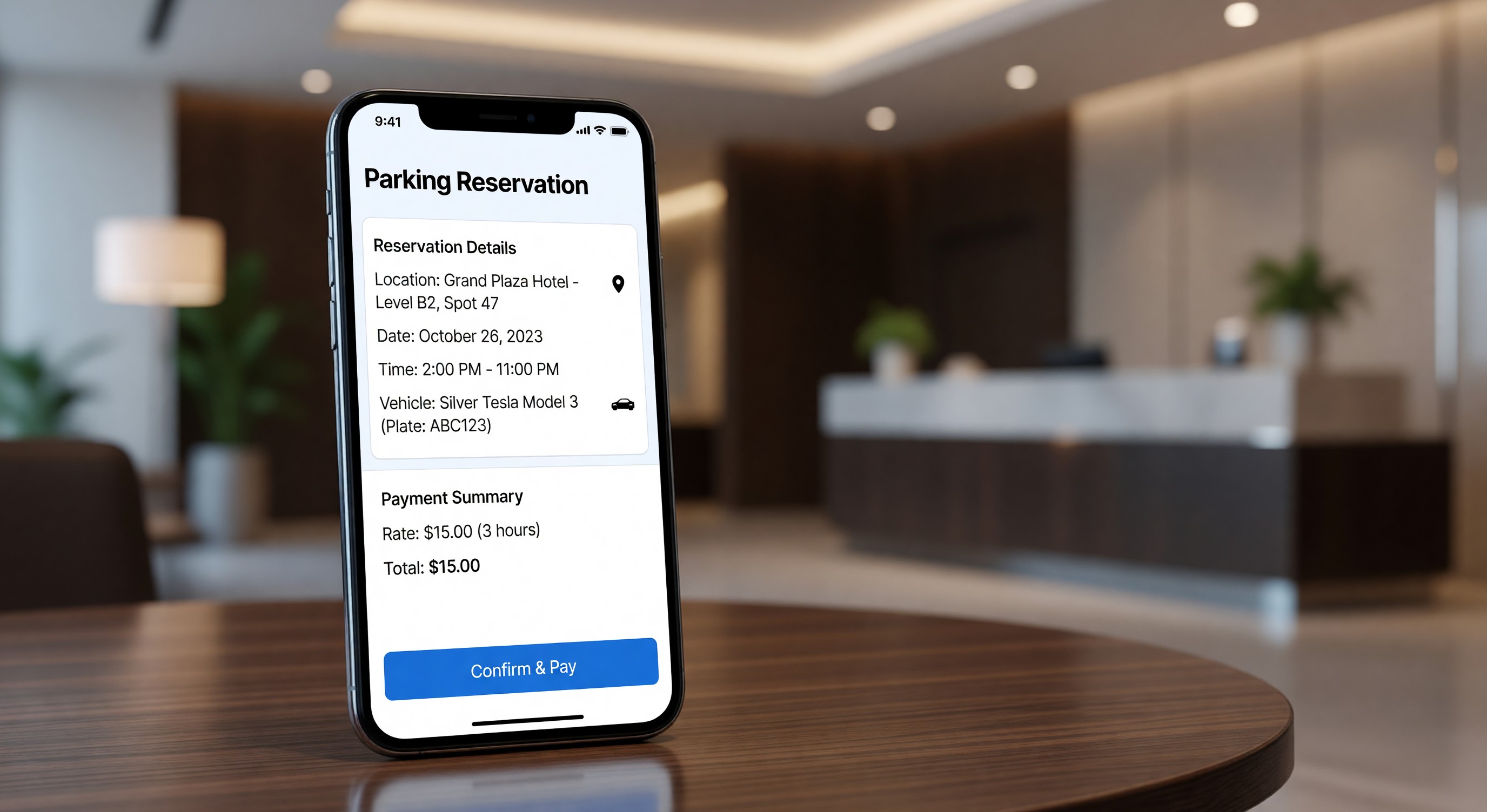 Hotel mobile app showing parking reservation and payment screen