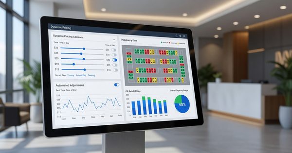 Hotel parking management dashboard showing dynamic pricing controls and occupancy data