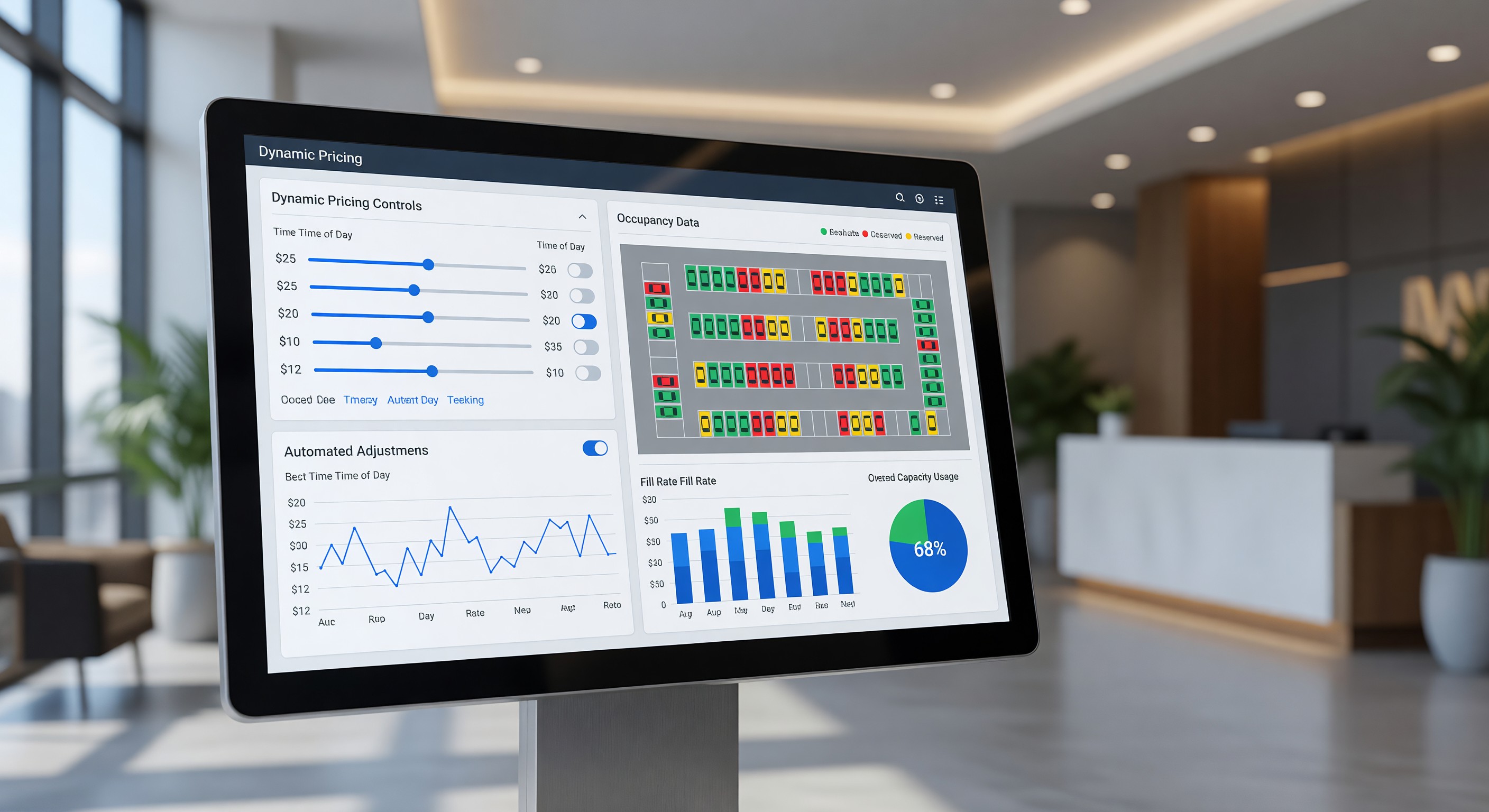 Hotel parking management dashboard showing dynamic pricing controls and occupancy data