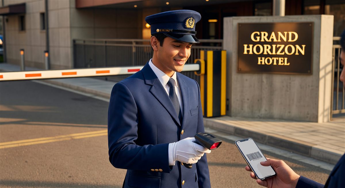 Hotel parking gate with loyalty program access card being presented