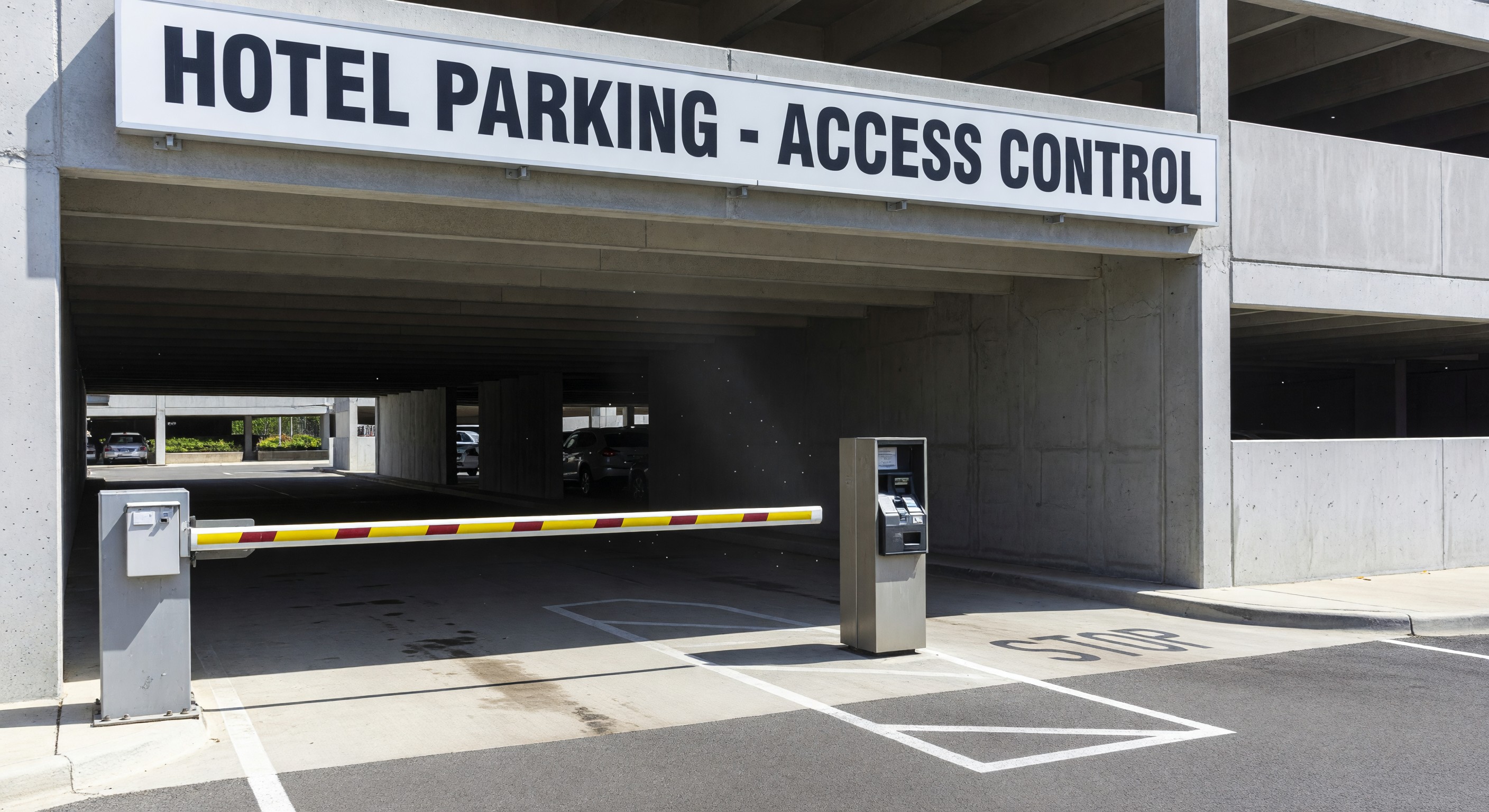 Hotel parking structure with access control gate at entry