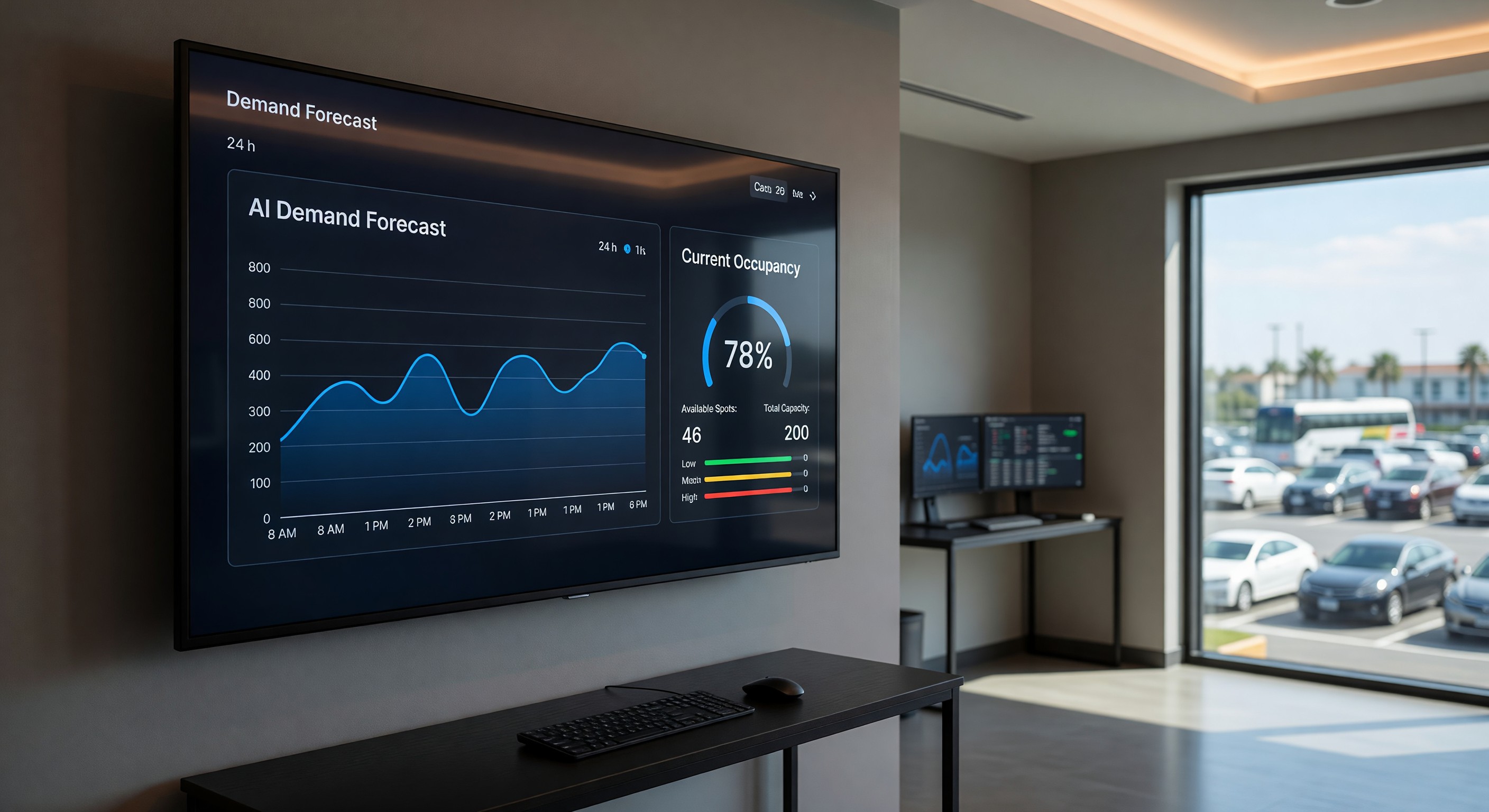 Hotel parking management screen showing AI demand forecast and current occupancy