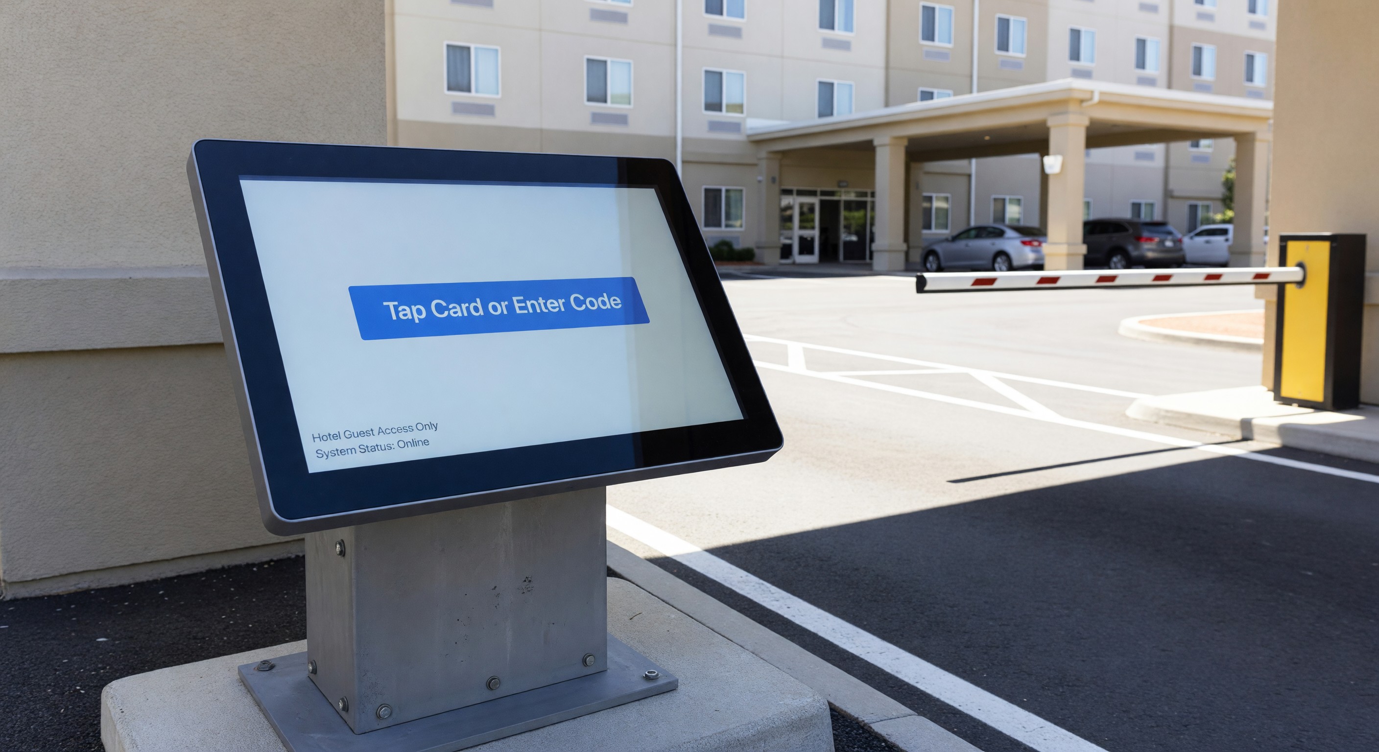 Hotel parking management system touchscreen at entry lane