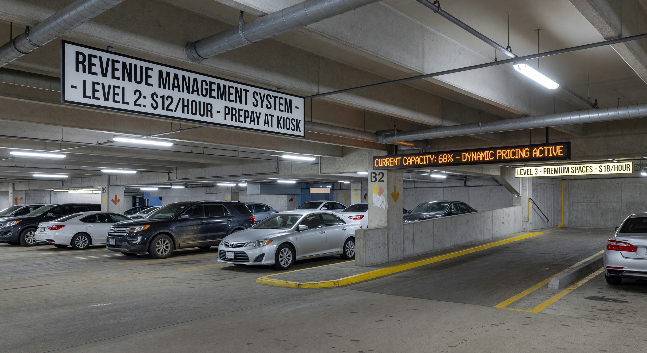 Multi-level hotel parking garage with revenue management signage