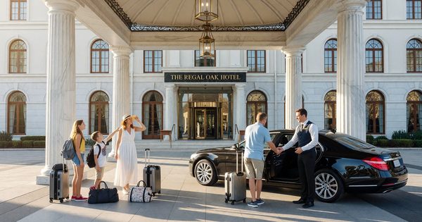 Hotel valet entrance during summer peak with attendants managing arriving vehicles and self-park signage visible