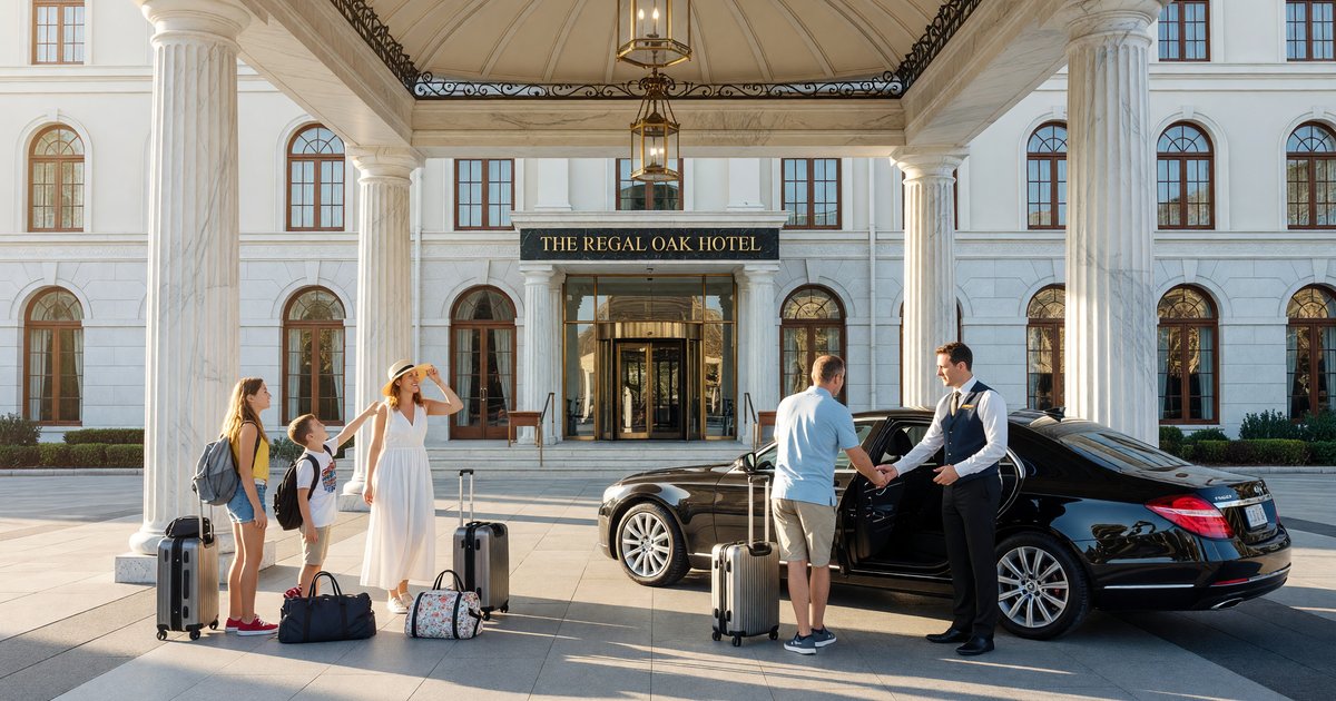 Hotel valet entrance during summer peak with attendants managing arriving vehicles and self-park signage visible