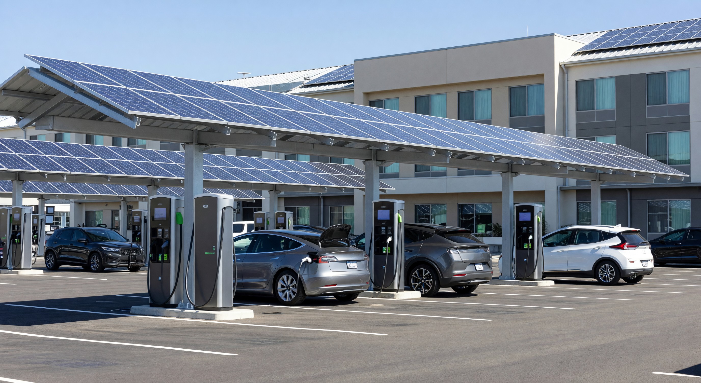 Hotel parking area with solar canopy panels and EV charging stations