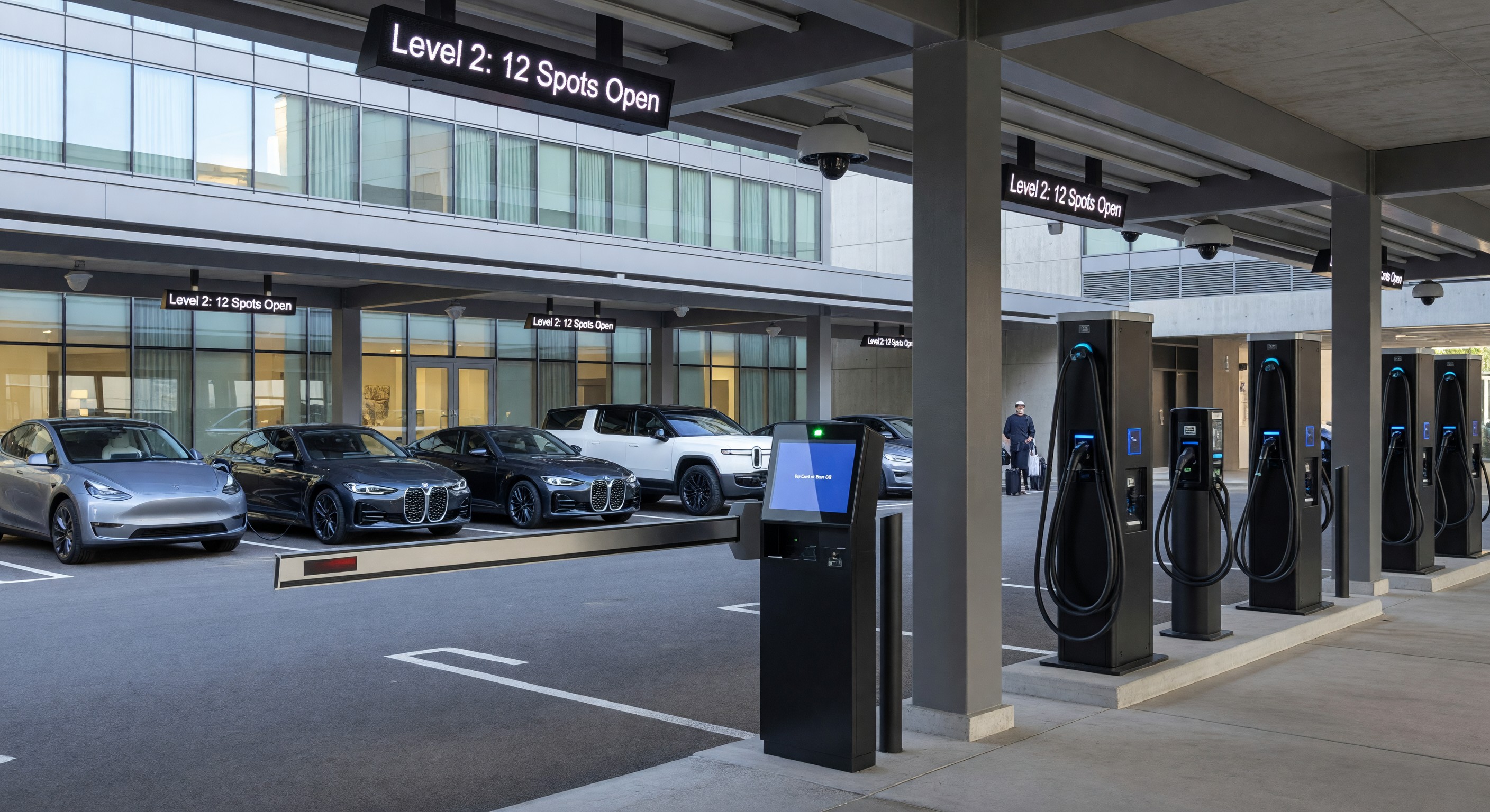 Modern hotel parking facility with automated systems and EV charging stations