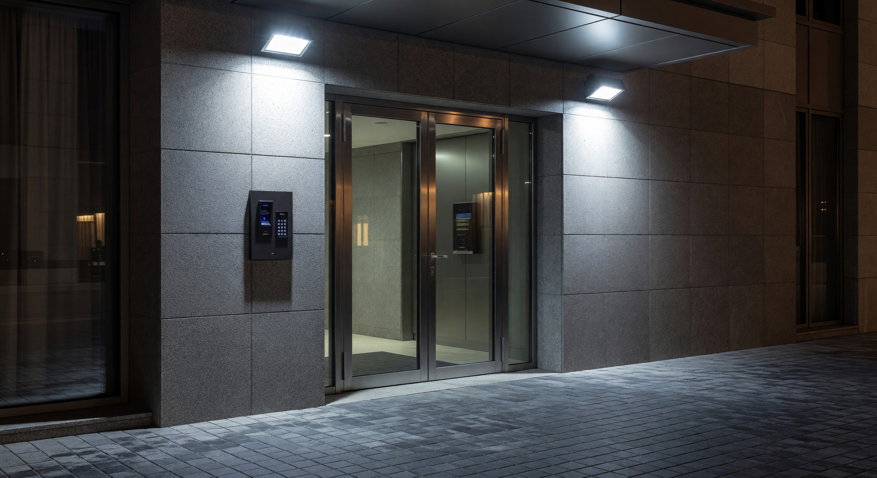 Hotel exterior entrance with security lighting and access control
