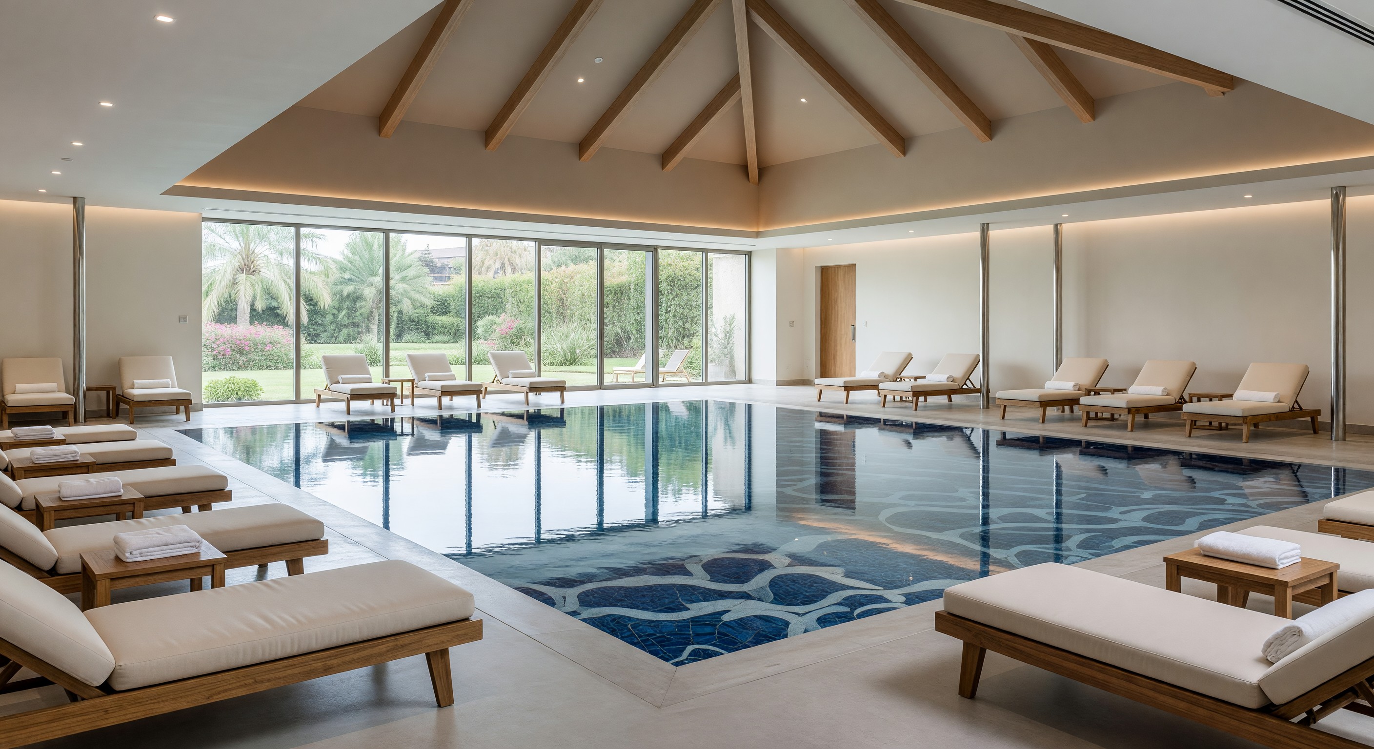 Indoor hotel pool with clear water and surrounding lounge area