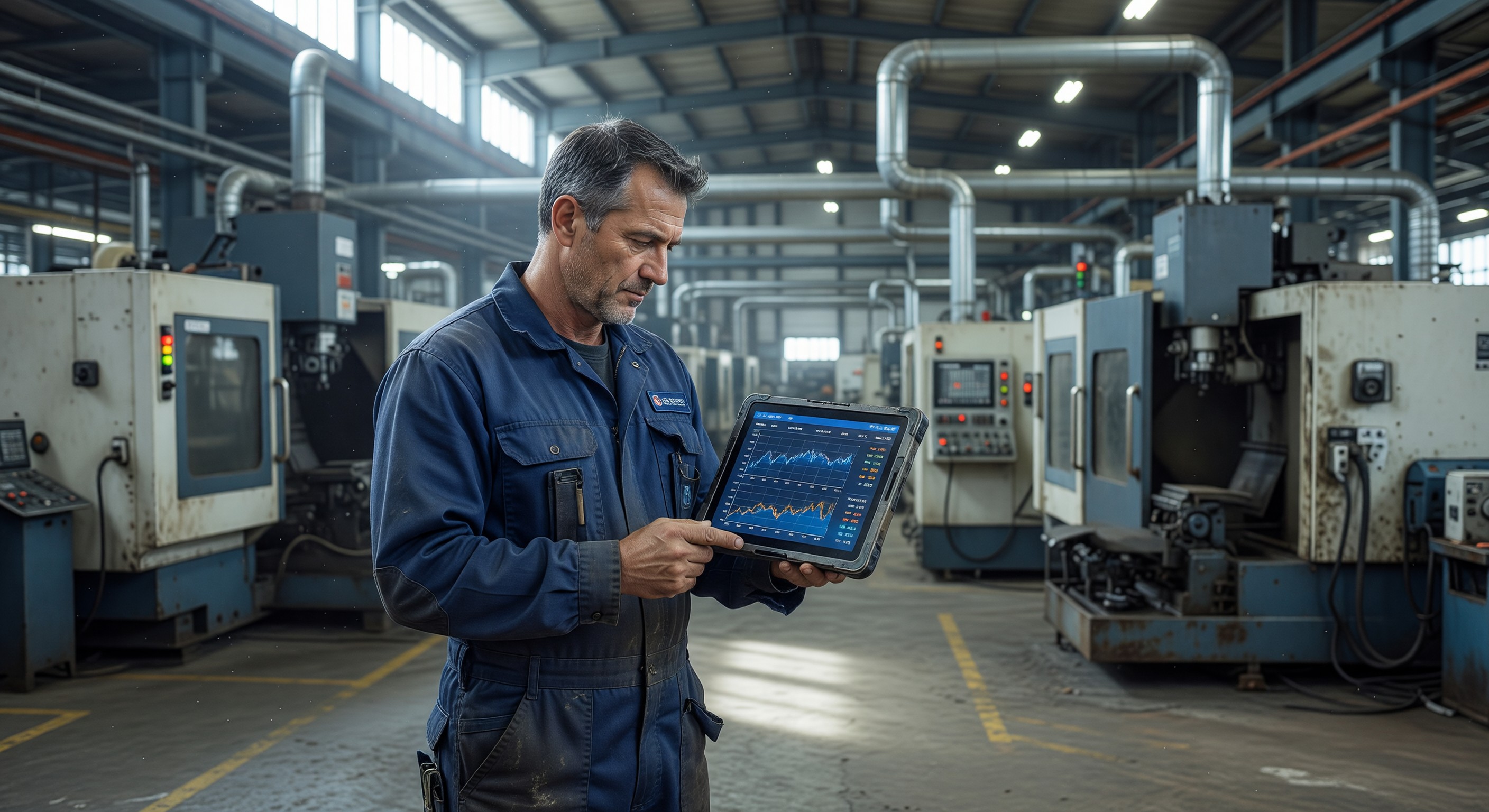 Maintenance technician reviewing predictive maintenance sensor data on tablet