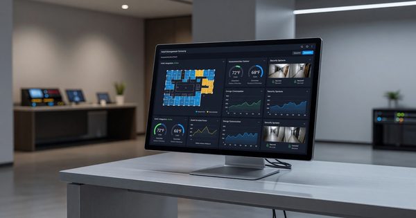 Hotel management software dashboard showing integrated building systems