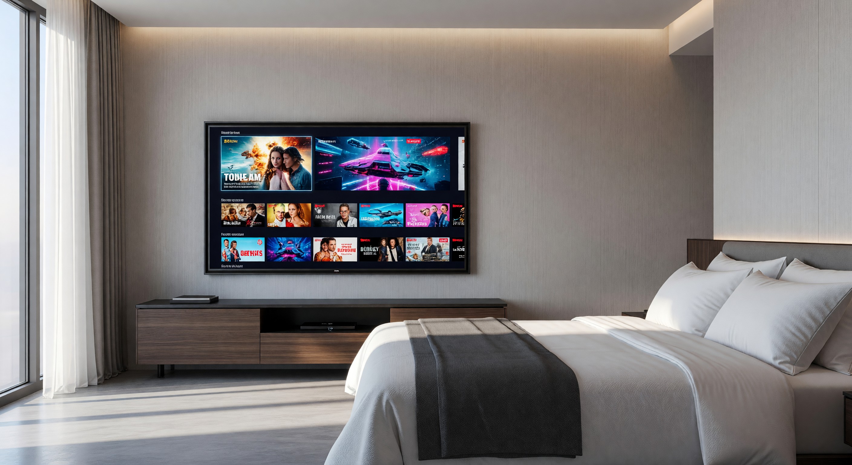 Modern hotel room television showing streaming service interface