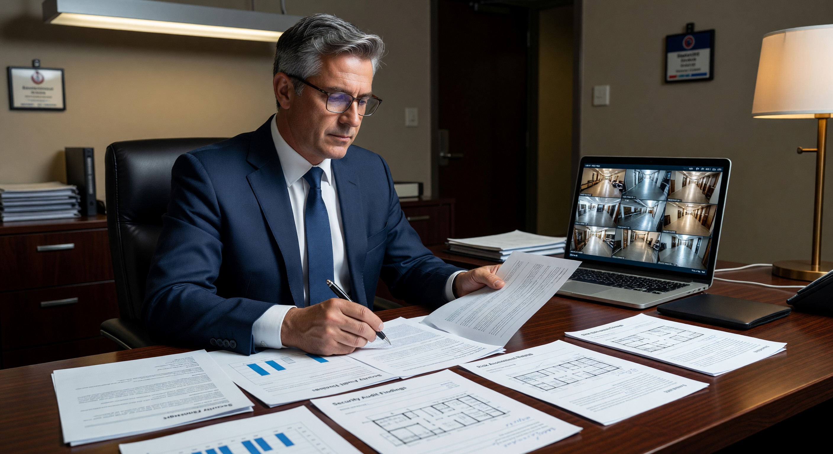 Hotel security director reviewing security audit findings and assessment report
