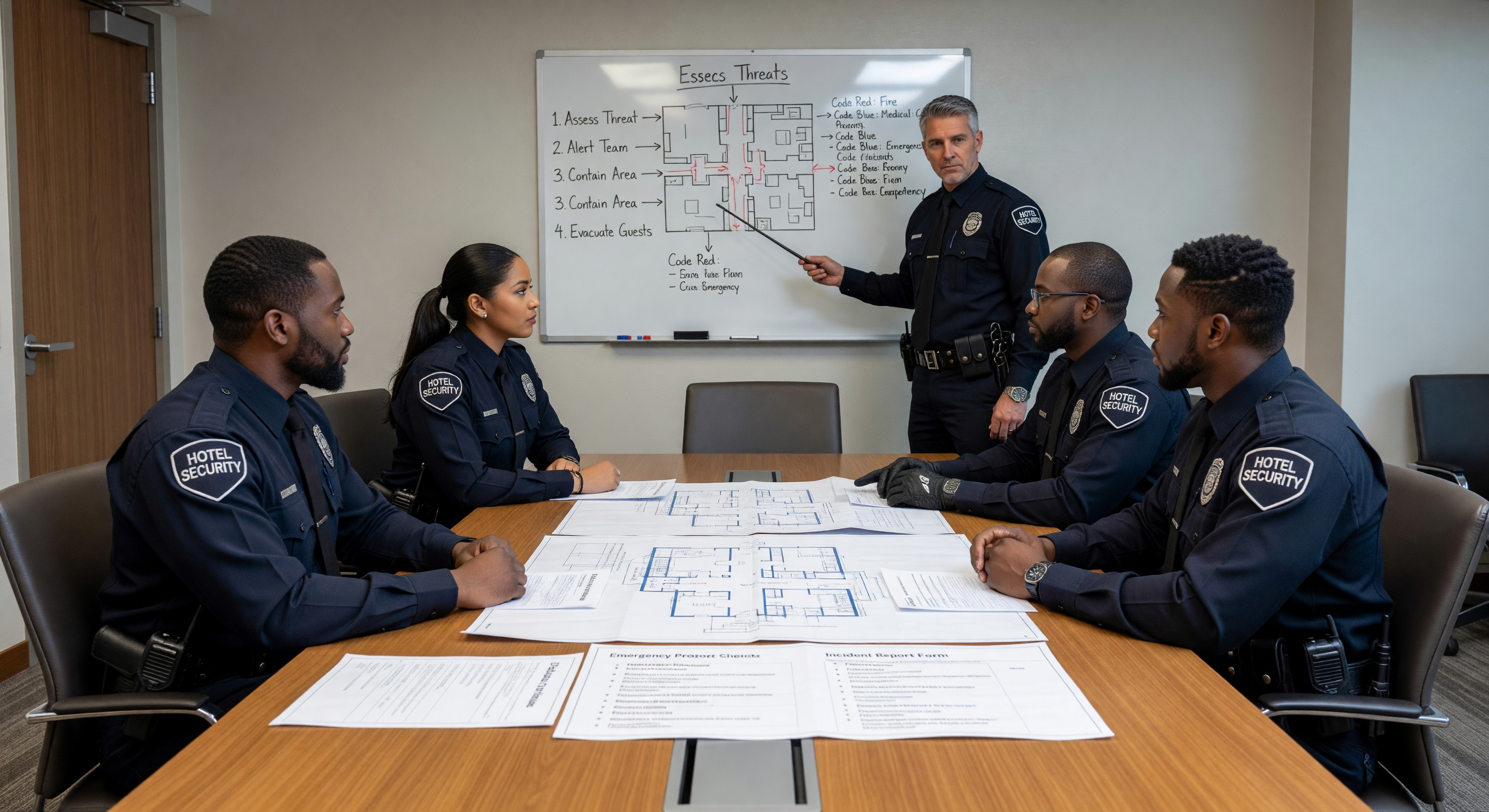 Hotel security staff in training session reviewing emergency response procedures