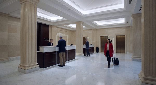 Hotel security camera with AI video analytics overlay