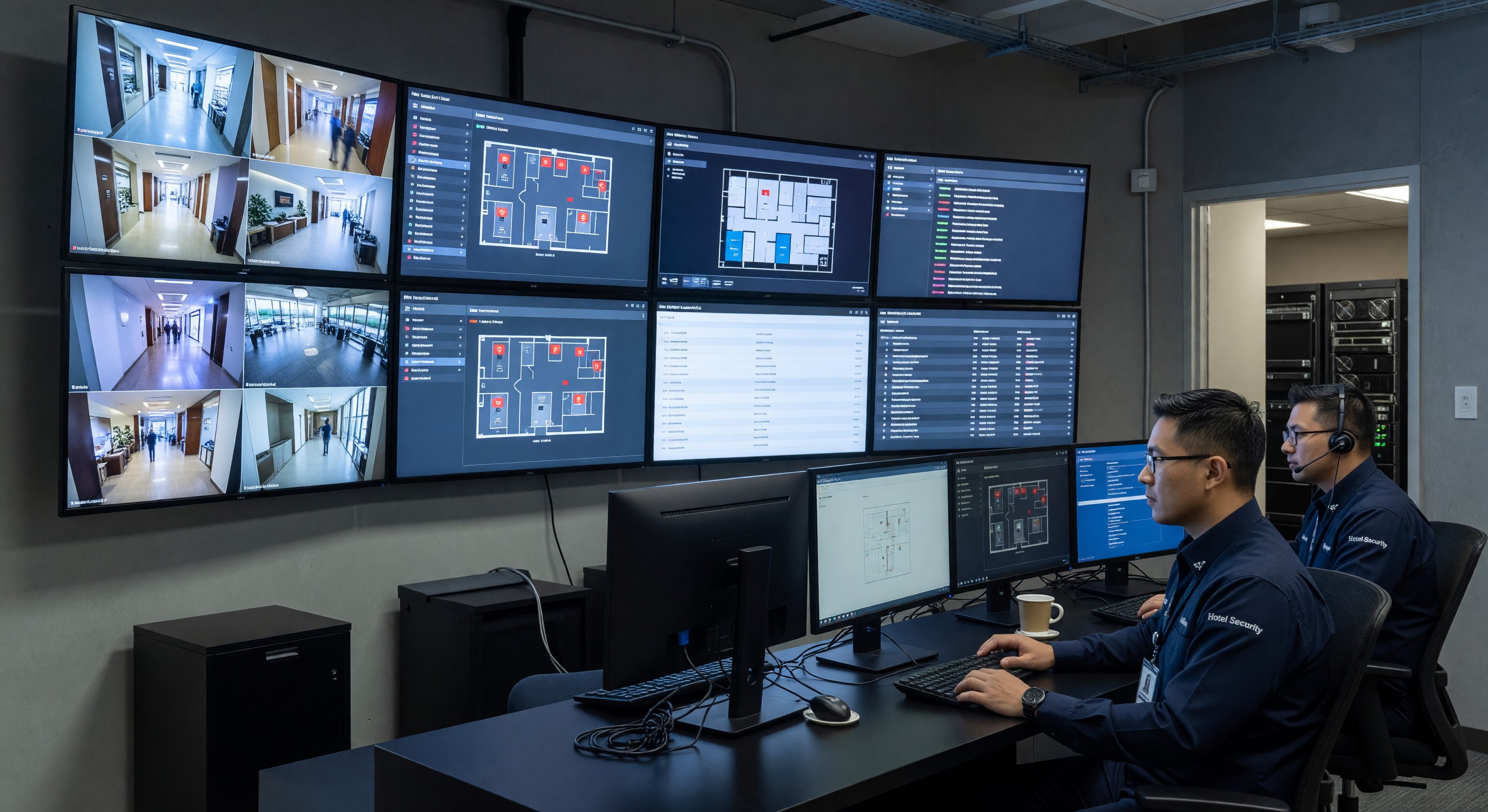 Hotel security operations center with integrated displays showing access control and surveillance feeds