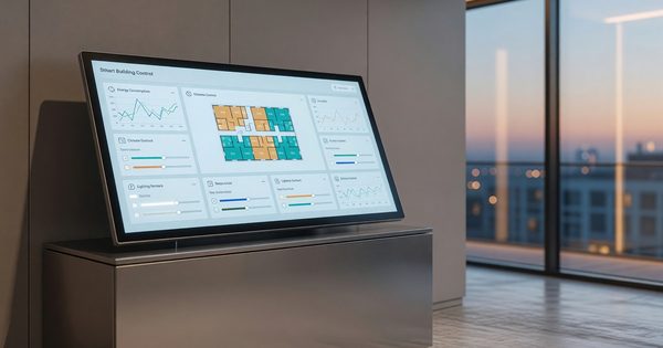 Hotel building management dashboard showing smart building controls