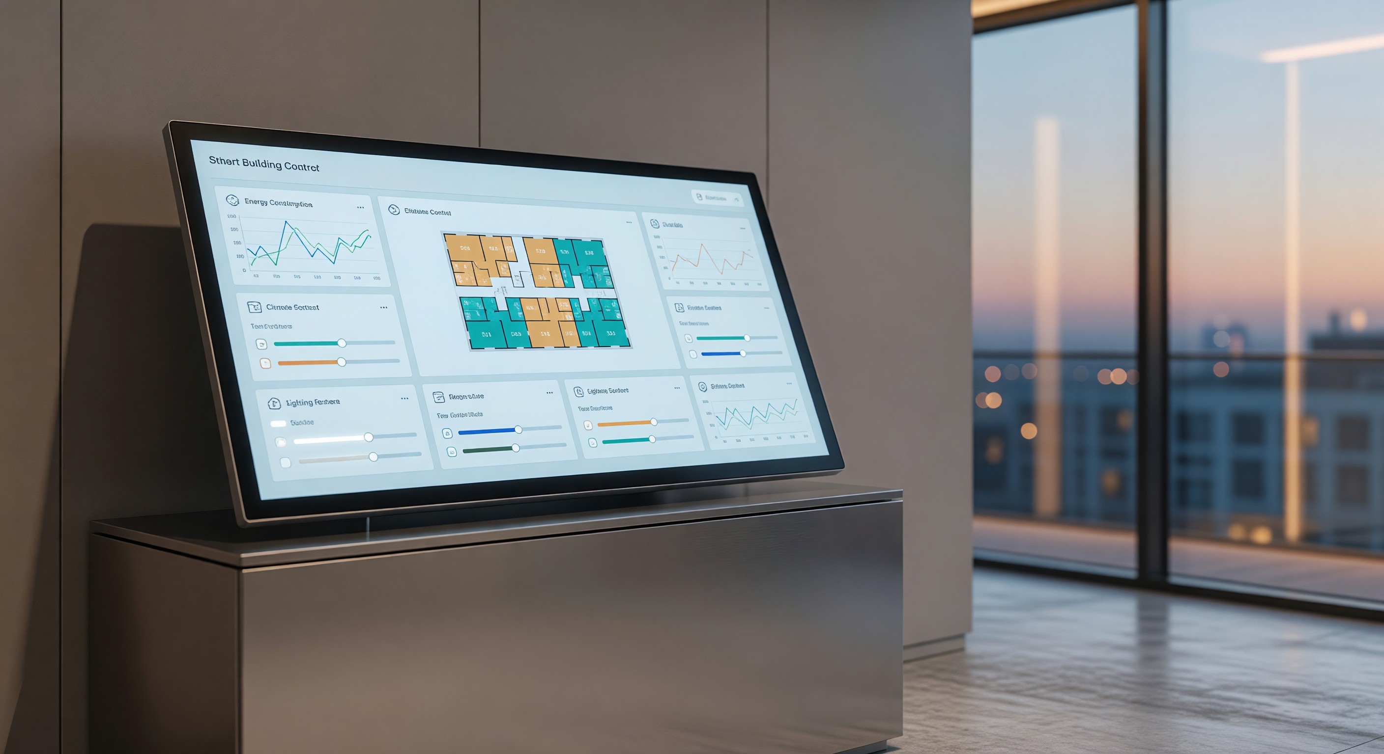 Hotel building management dashboard showing smart building controls