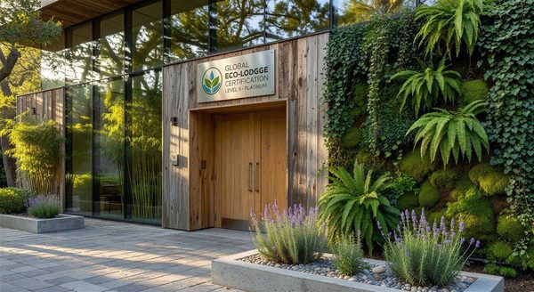 Hotel with sustainability certification displayed at entrance