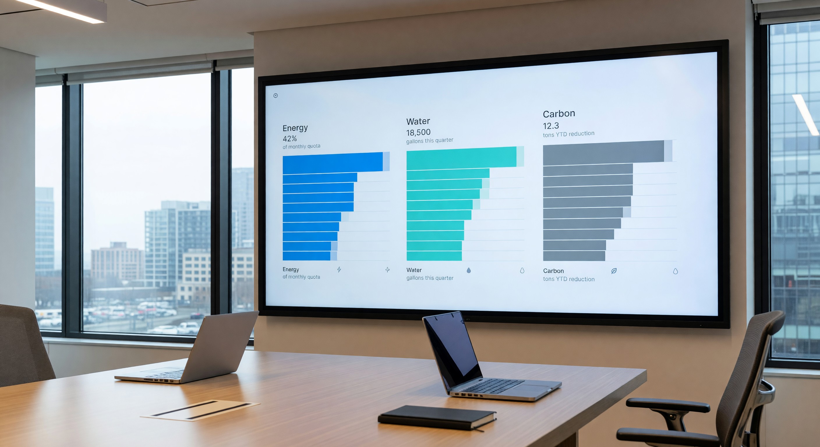 Hotel sustainability dashboard showing energy, water, and carbon metrics