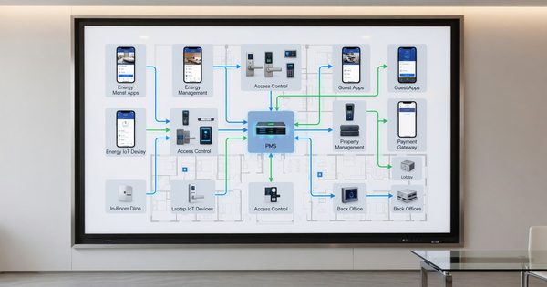 Hotel technology integration diagram showing connected systems including PMS, access control, and guest apps