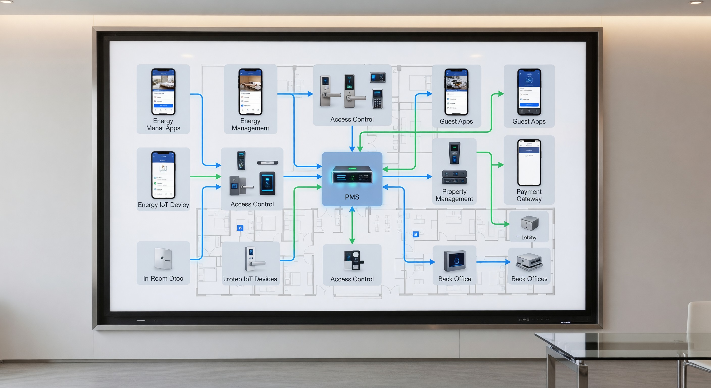 Hotel technology integration diagram showing connected systems including PMS, access control, and guest apps