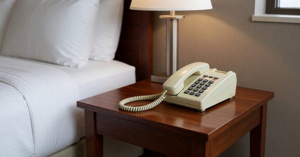 Hotel room bedside telephone and handset