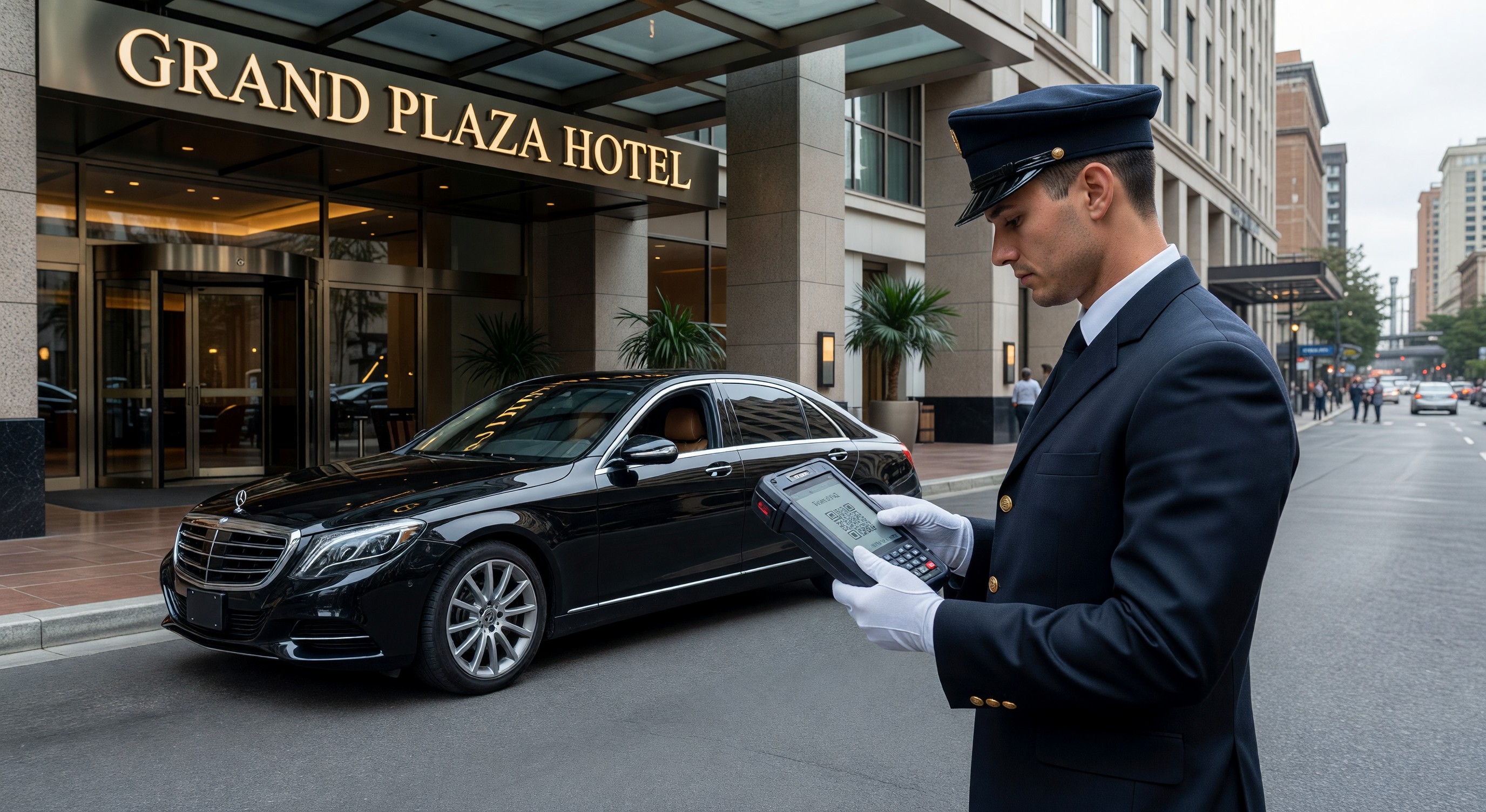 Hotel valet attendant parking luxury vehicle with digital ticketing device