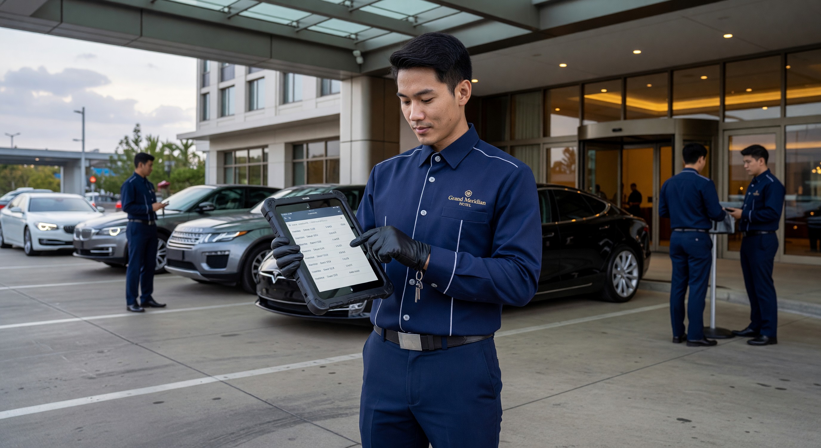 Hotel valet attendant using digital tablet for vehicle management