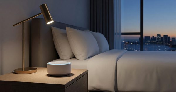 Hotel smart speaker voice assistant device on nightstand in modern guest room