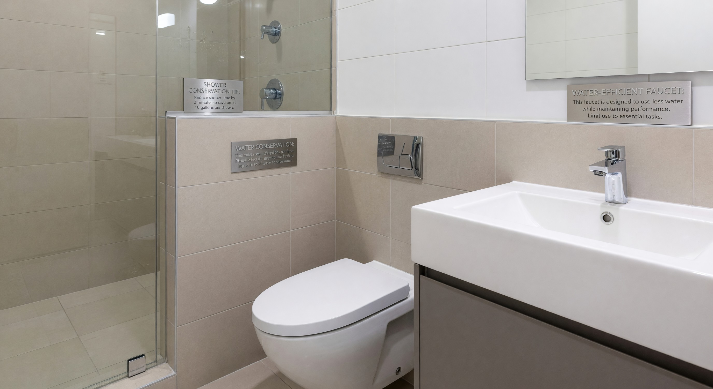 Hotel bathroom with water-efficient fixtures and conservation signage