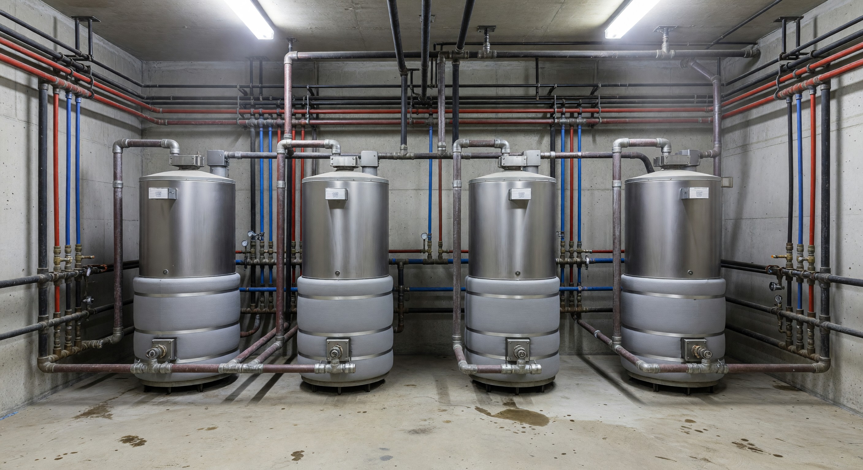 Commercial water heater room in a hotel mechanical space