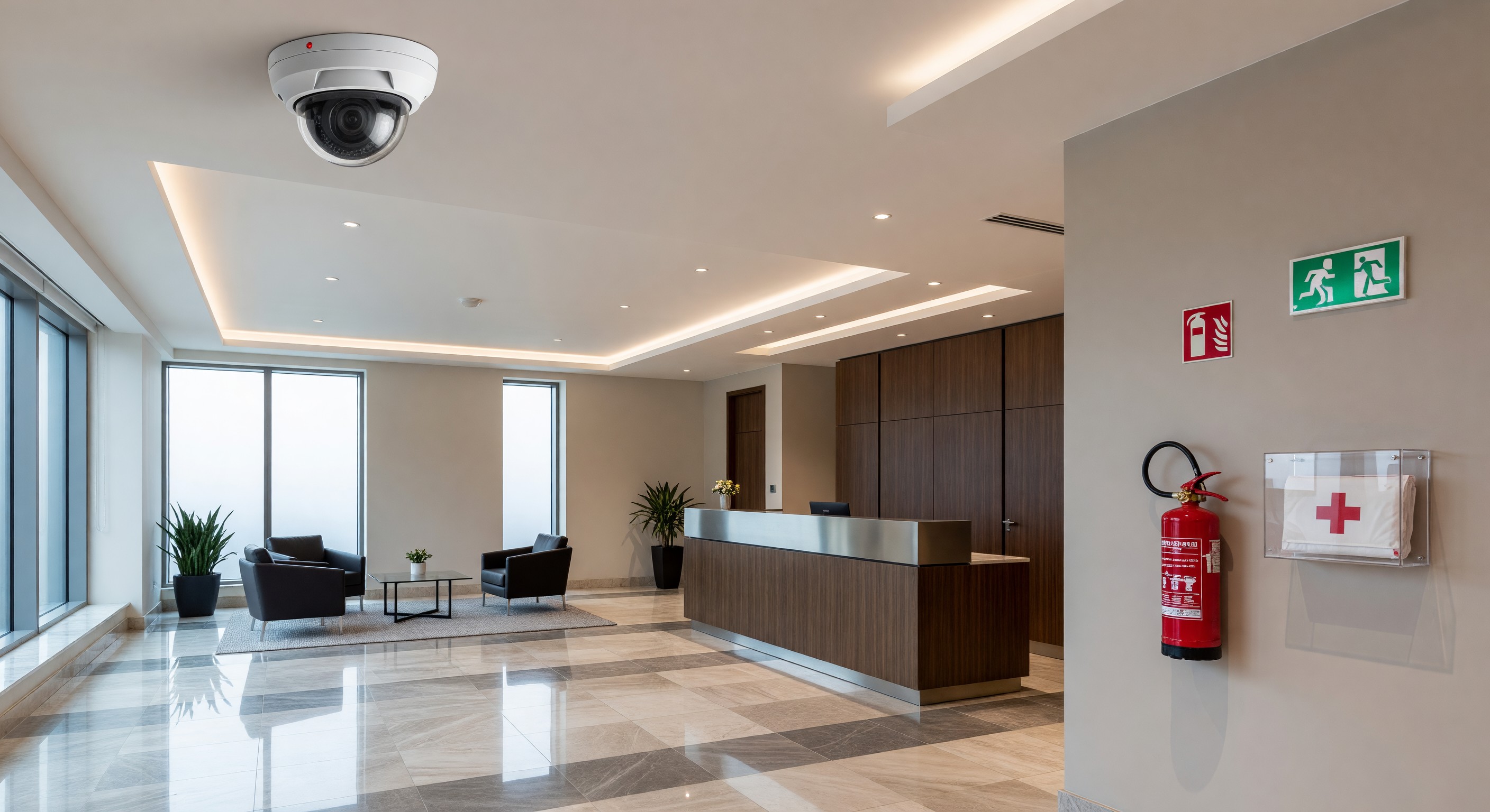 Hotel lobby with security camera and visible safety equipment