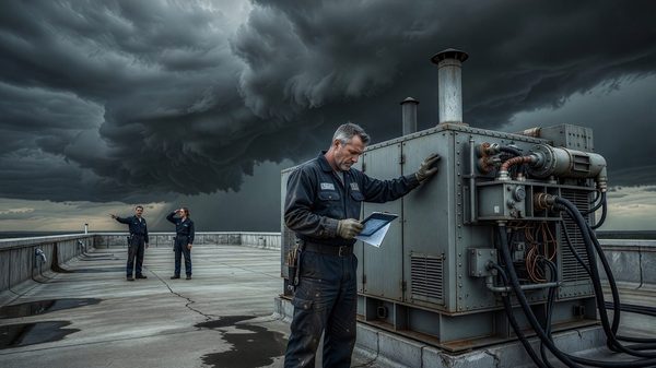 Hotel engineering staff inspecting a rooftop generator with storm clouds visible on the horizon