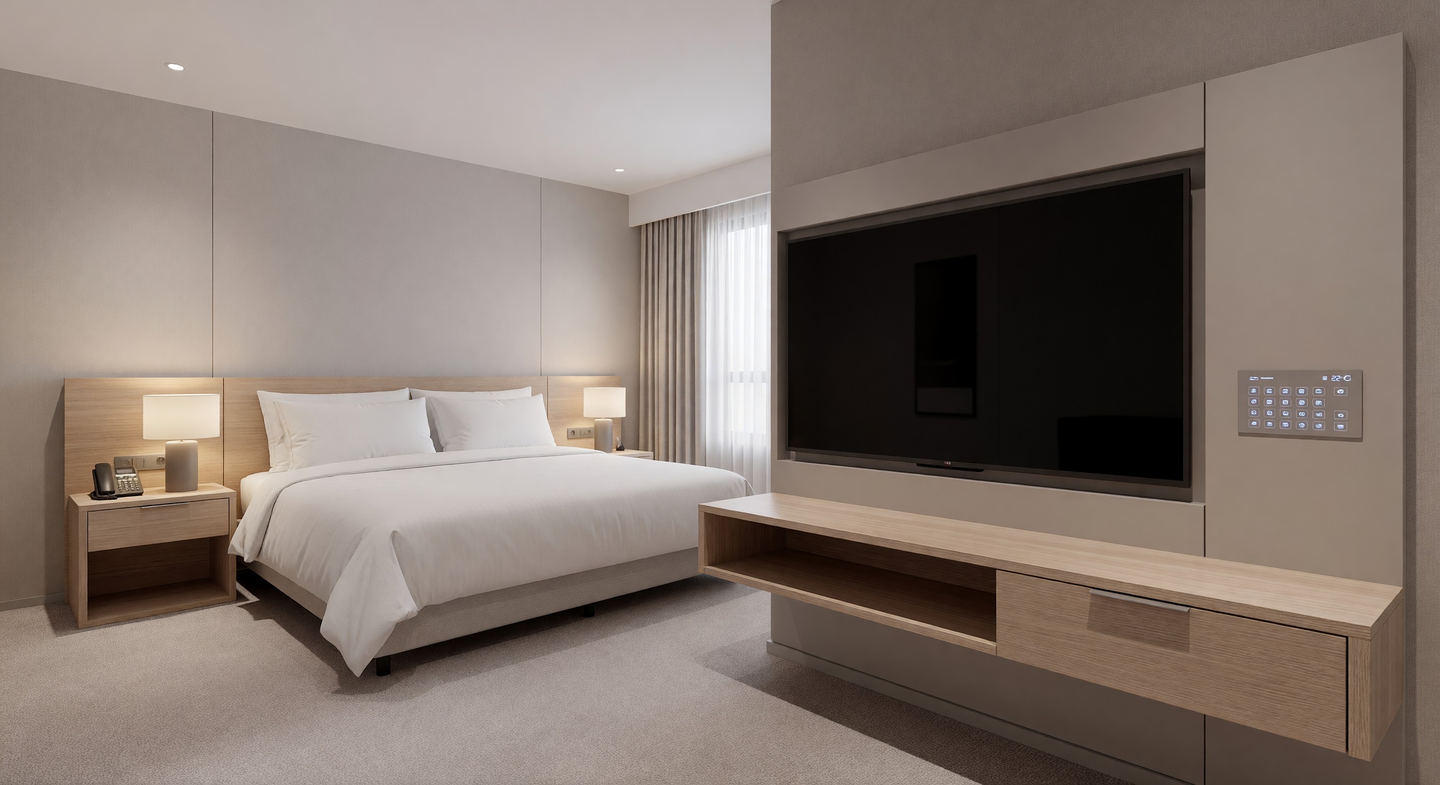 Hotel guestroom with smart TV and bedside control panel