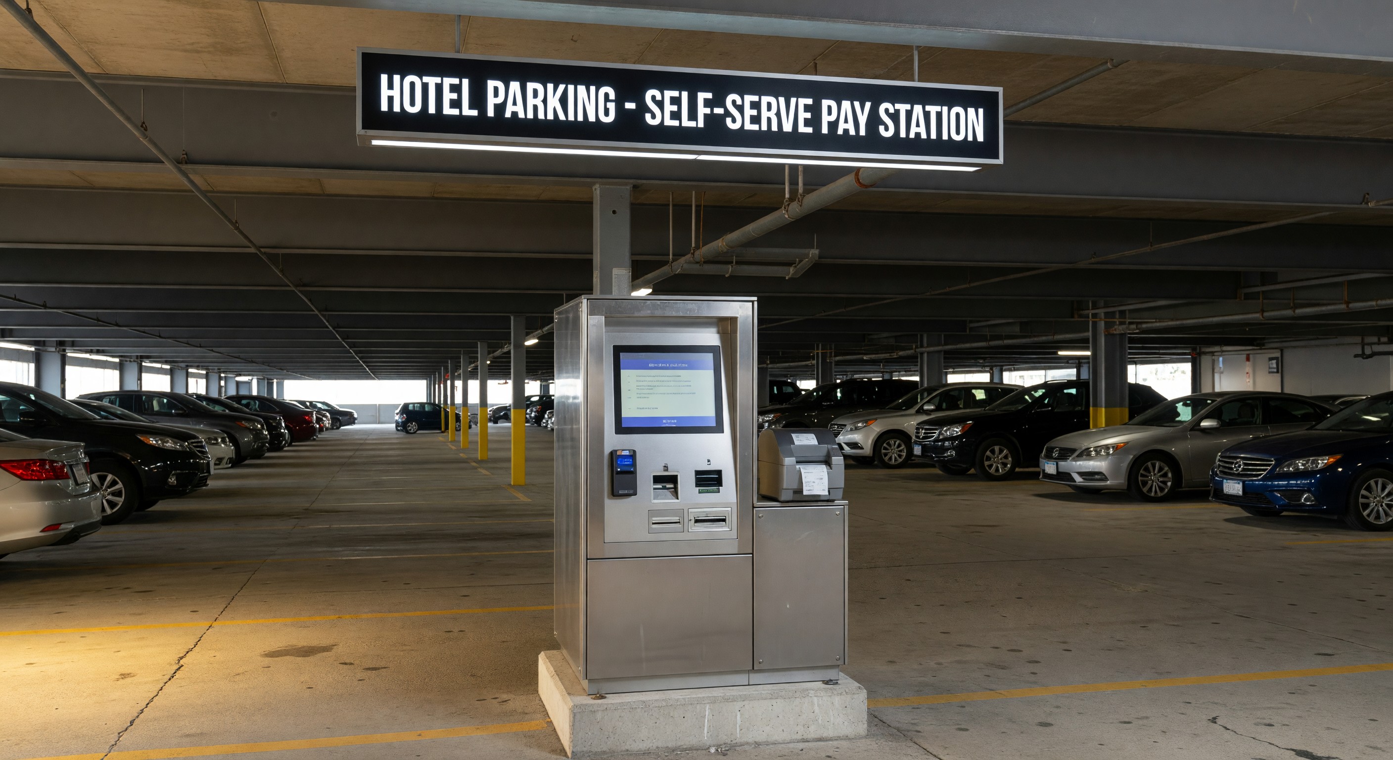 Hotel parking automated pay station in a self-serve garage