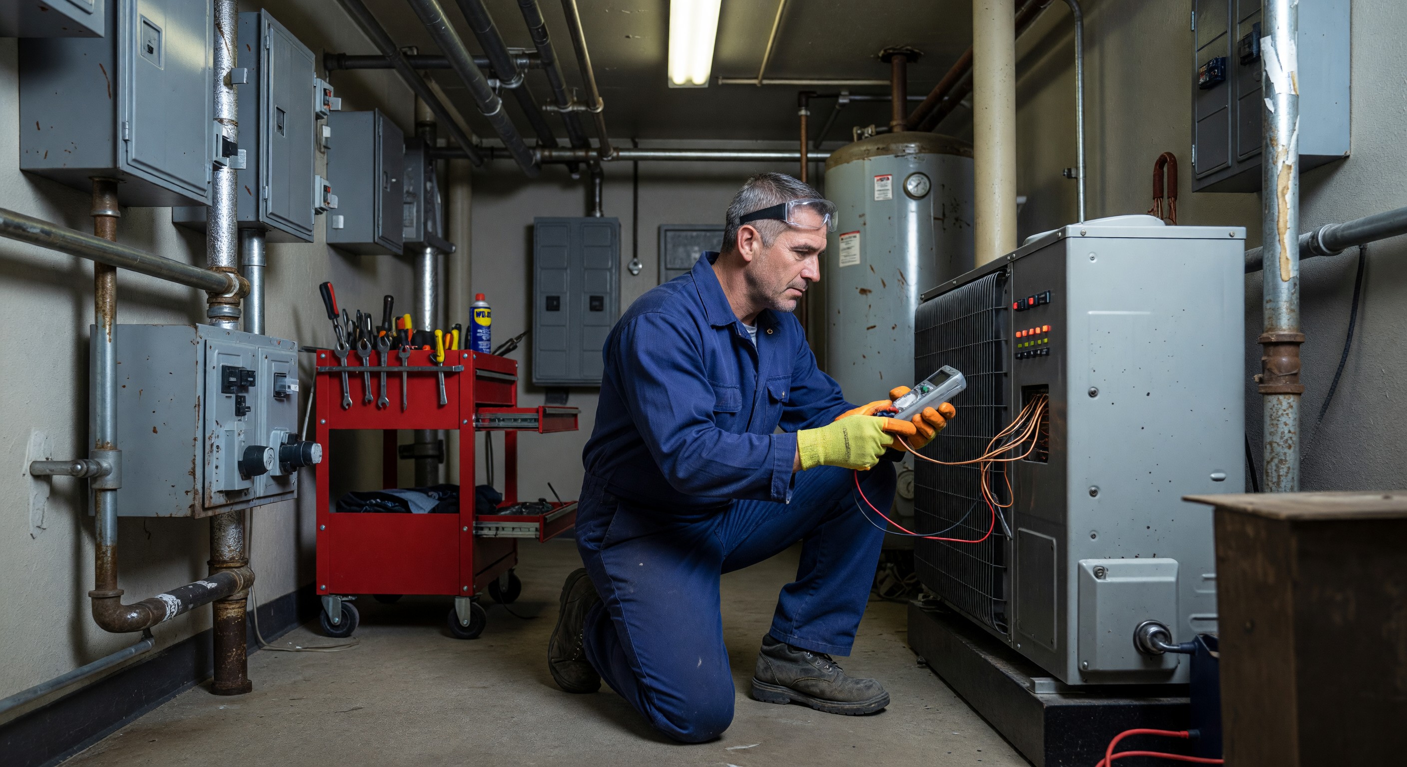 Hotel maintenance technician performing equipment inspection