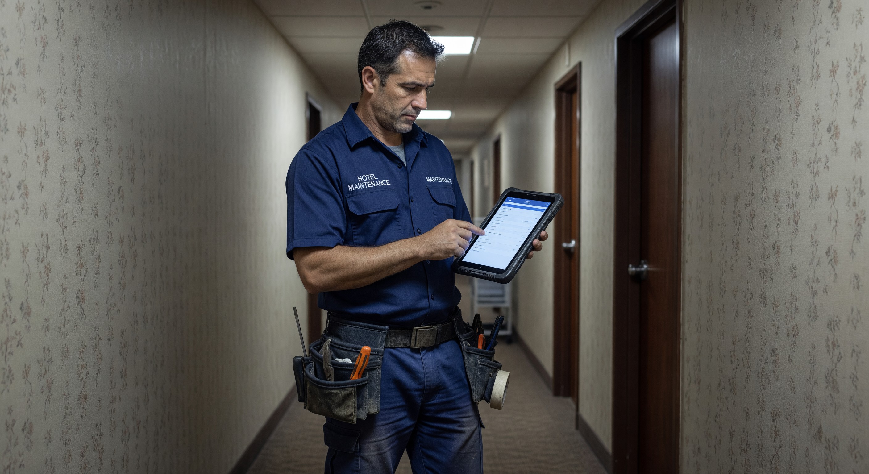 Hotel maintenance technician using tablet for work order management