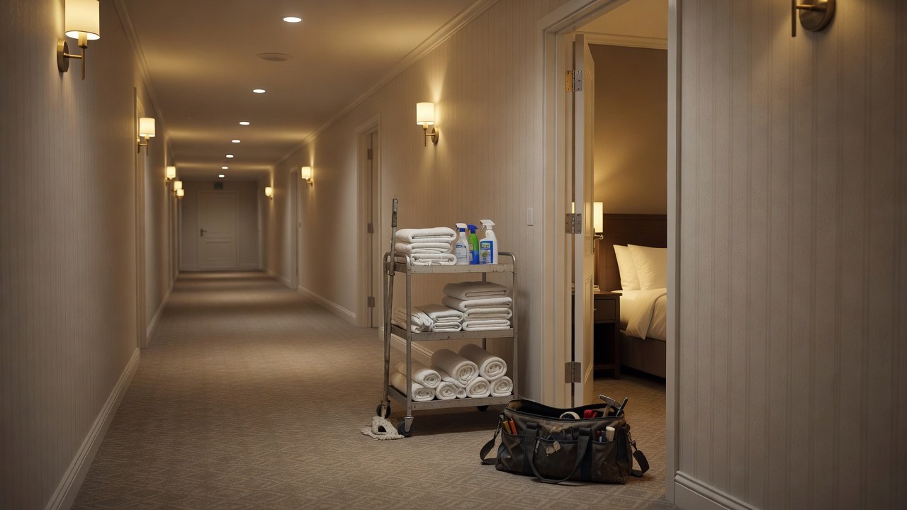 A hotel corridor with a housekeeping cart and a maintenance toolkit outside an open guest room door